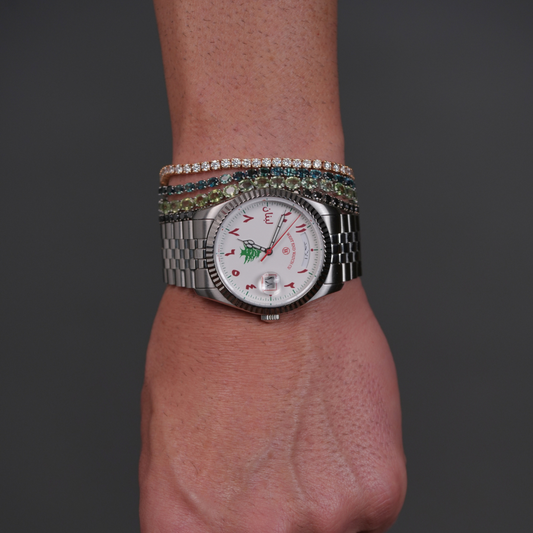 Lebanon watch by lulia jewelry and west end watches paired with a stack of precious stones tennis bracelets