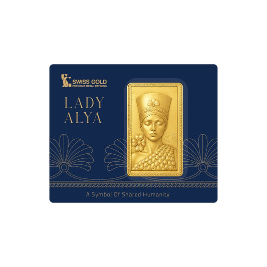Gold bar with 'Lady Alya' design on a blue packaging with Swiss Gold branding.