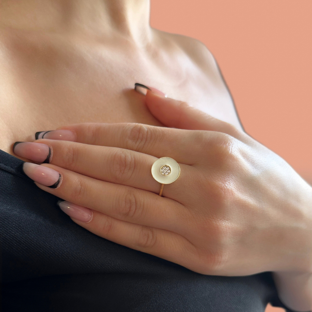 Enamel and zircon - disk shaped gold ring