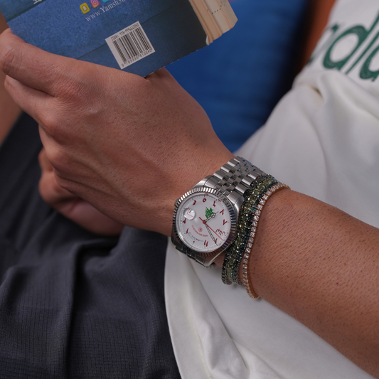 Lebanon watch by lulia jewelry and west end watches paired with a stack of precious stones tennis bracelets