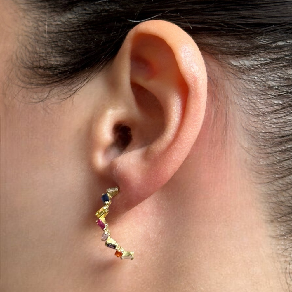 Curved shaped gold earrings - multicolored stones