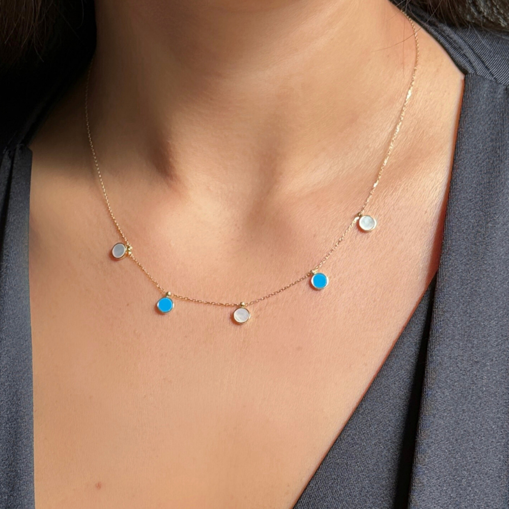 Circles pendants - mother of pearl and turquoise blue - gold necklace