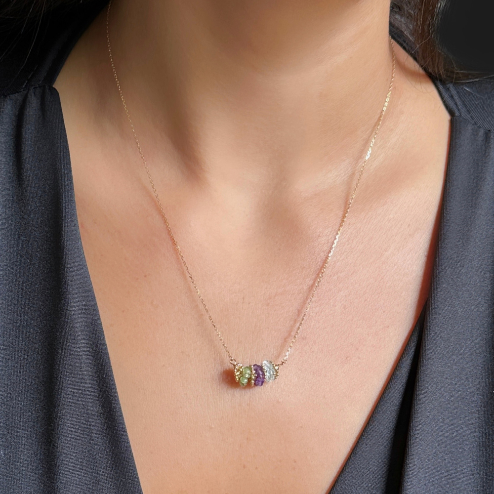 Green, purple and gray – gold necklace