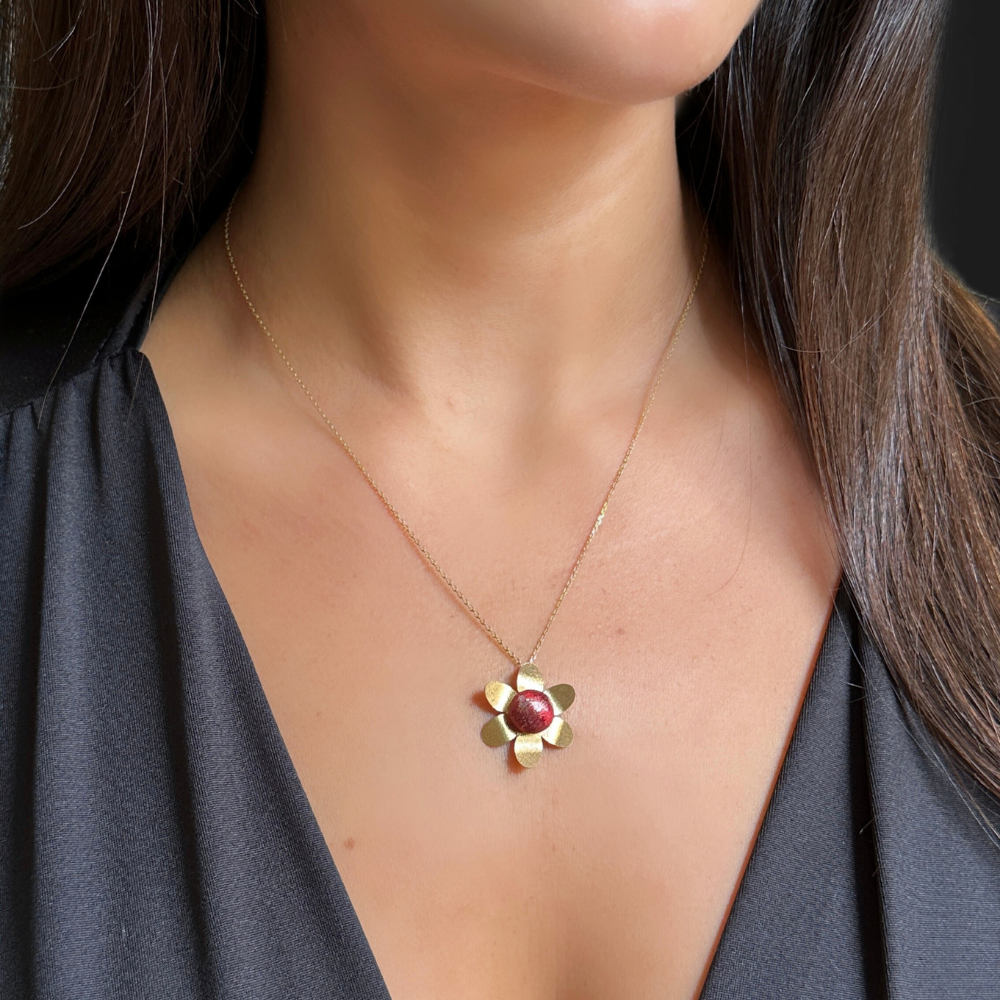 Gold flower pendant with red ball - gold necklace