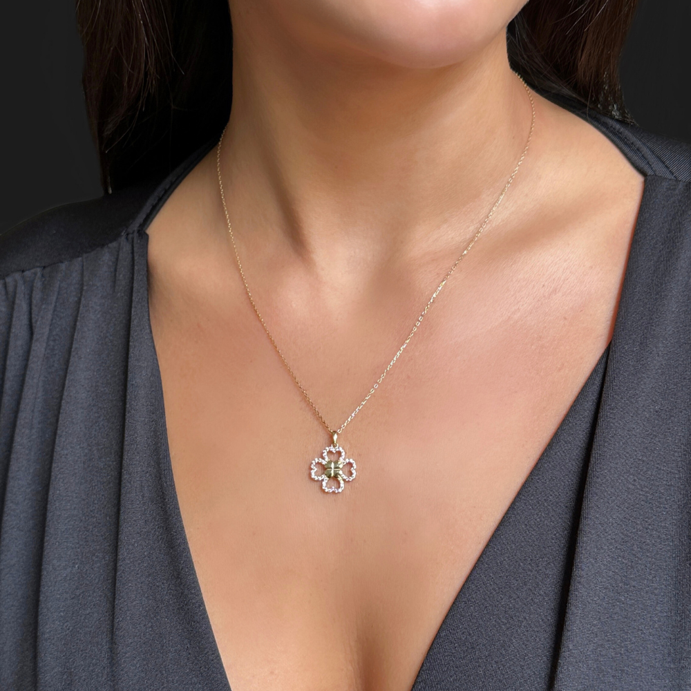 Clover shaped Hearts and zircon stones gold necklace