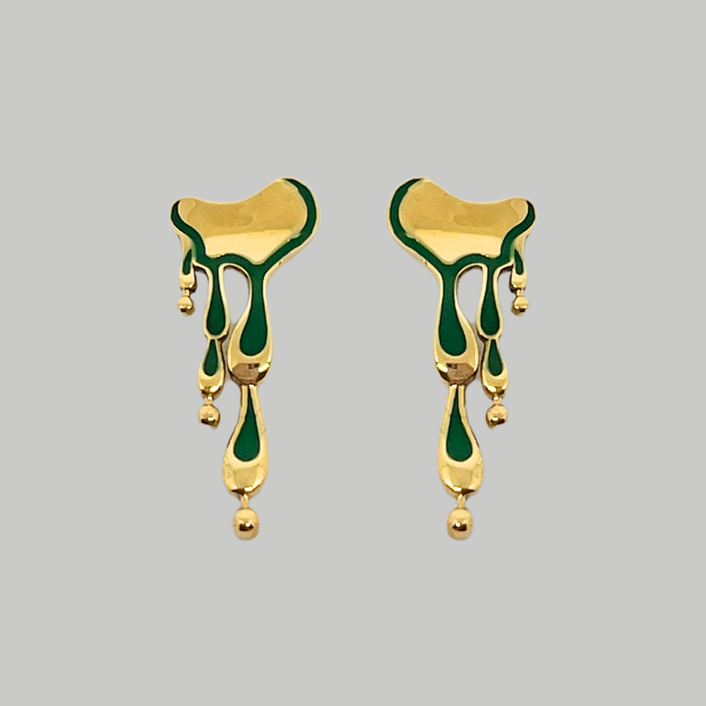 Liquefy – Honey drips, green enamel earrings