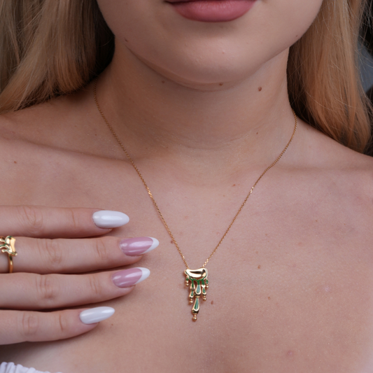 Liquefy – Honey drips, green enamel necklace