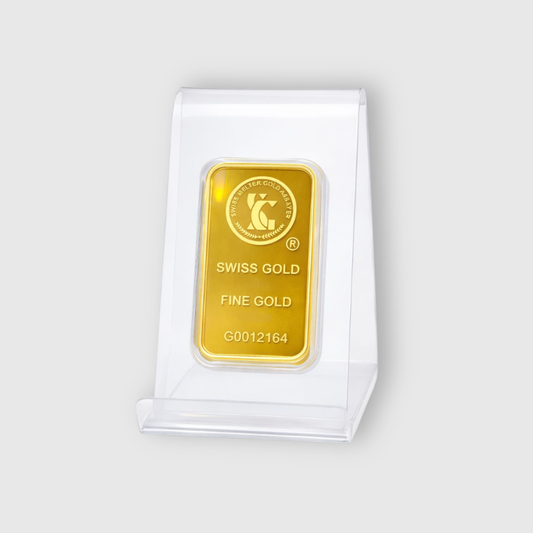 Gold bar with 'Swiss Gold' branding on a white background