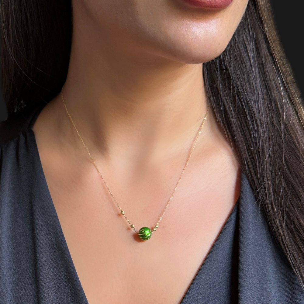 green Ball shaped pendant - gold necklace