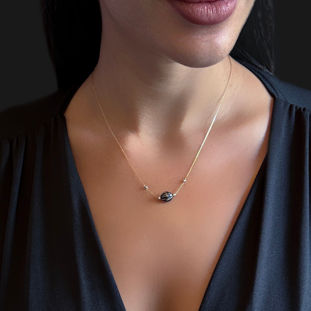 black Ball shaped pendant - gold necklace