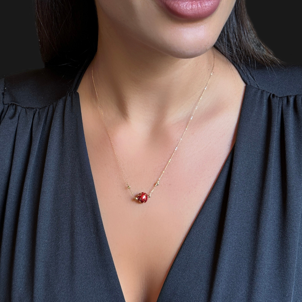 red Ball shaped pendant - gold necklace