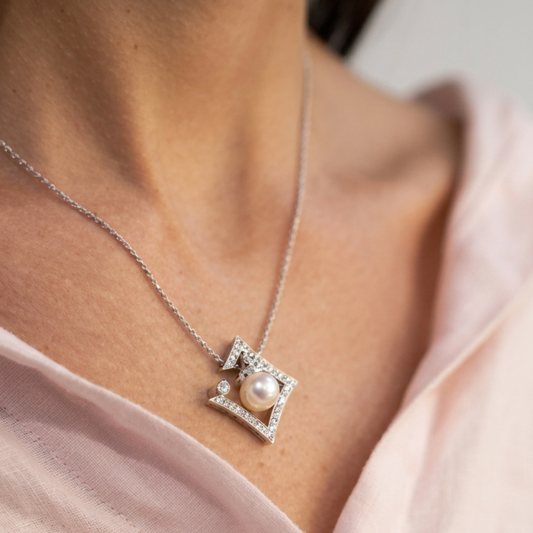 Geometric Diamond & Cultured Pearl Pendant Necklace