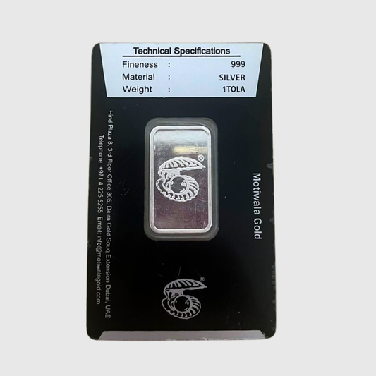 Silver bar with technical specifications on a black card