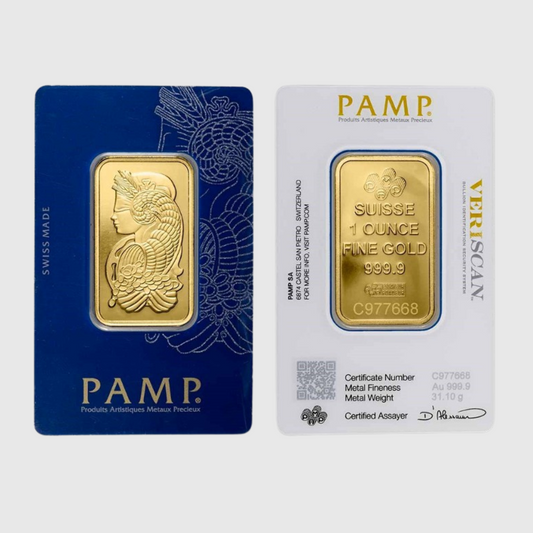 Two gold bars in packaging with PAMP branding on a white background