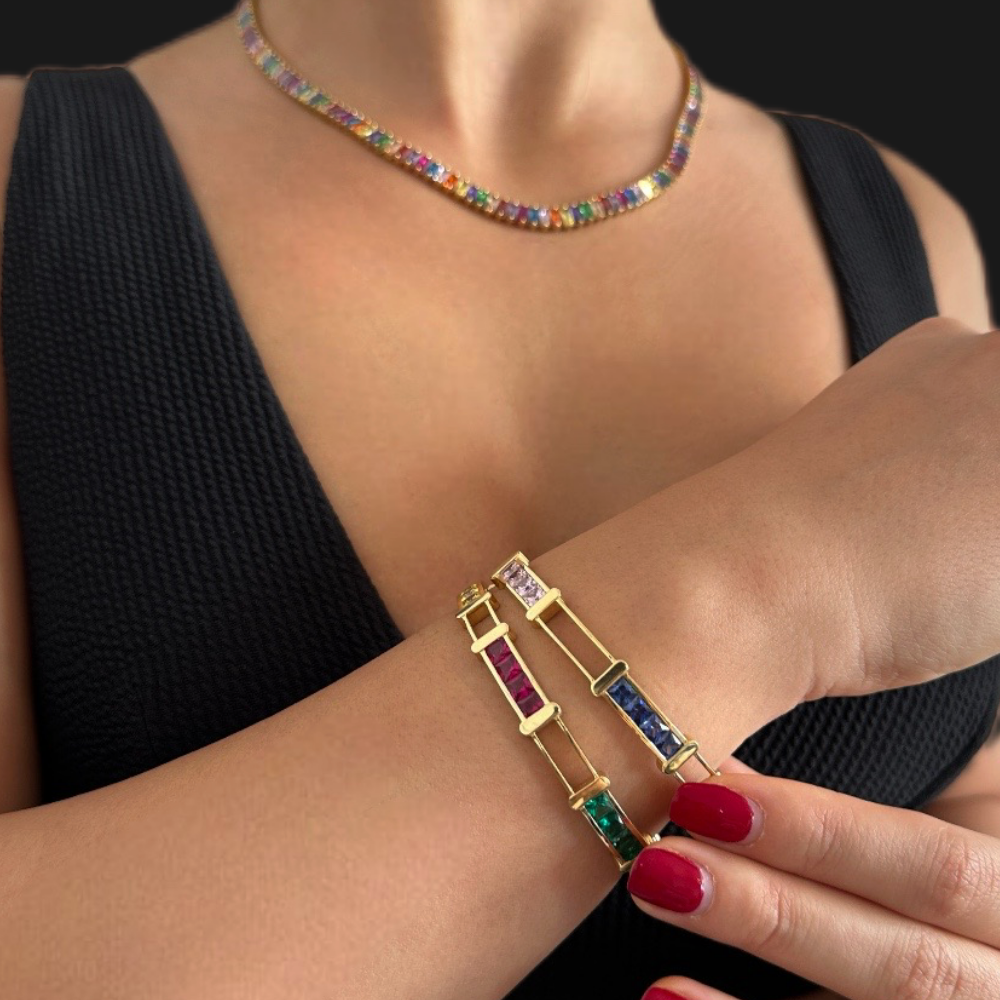 Colors - Multicolored baguettes - gold necklace