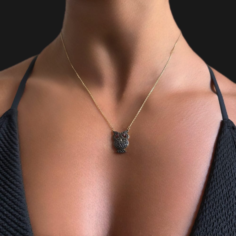 Owl pendant – Black zircon necklace