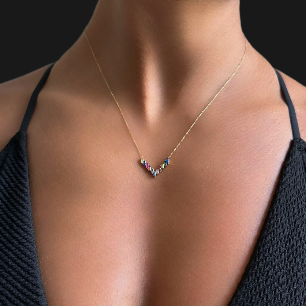 V shaped – multicolored zircon stones - gold necklace