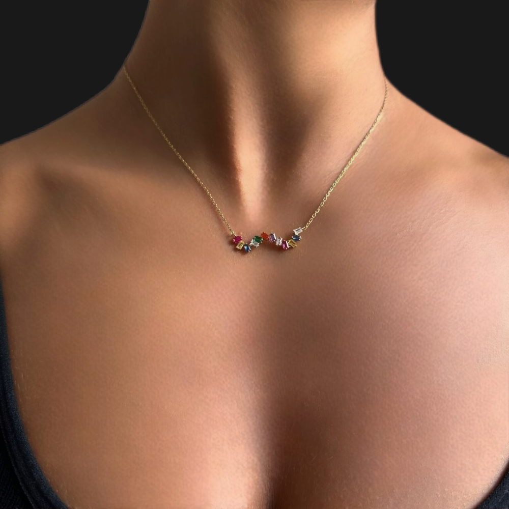 Wave shape – multicolored zircon stones - gold necklace