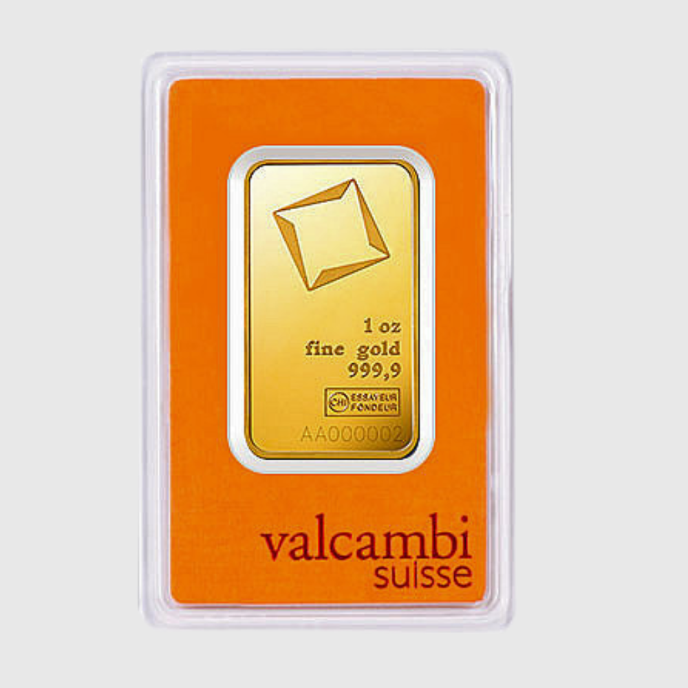 Gold bar in Valcambi packaging on a white background