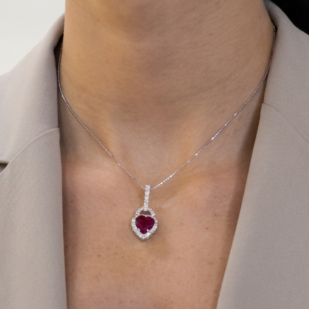 Heart-Shape Ruby & Diamond Halo Pendant Necklace