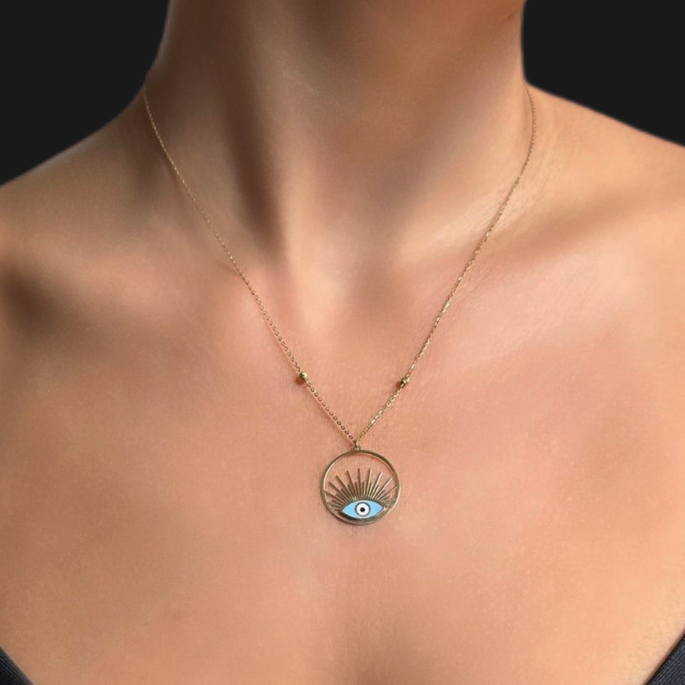Sun shaped, evil eye pendant - gold necklace