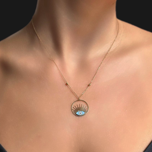 Sun shaped, evil eye pendant - gold necklace
