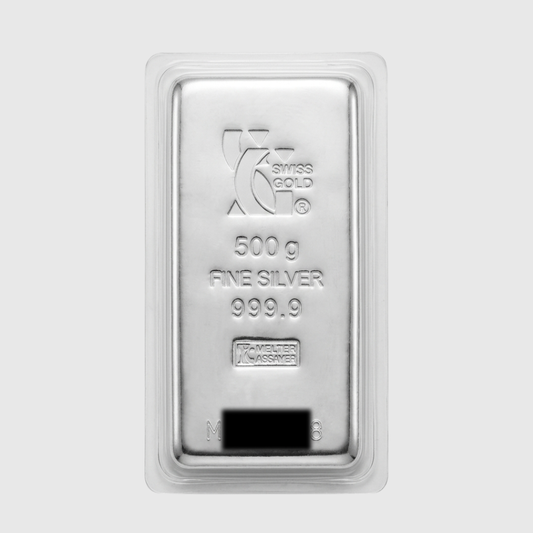 Silver bar with 'K' Swiss Gold branding on a light gray background