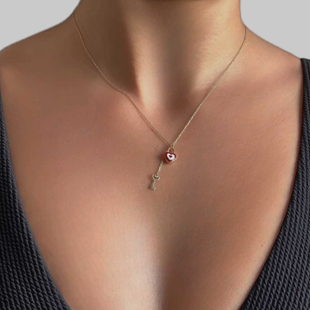 Heart, lock and key - gold necklace