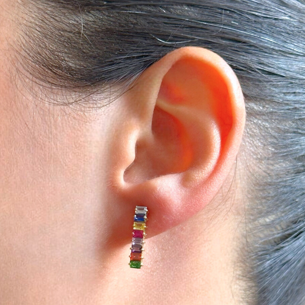 Rectangle shaped gold earrings - multicolored stones