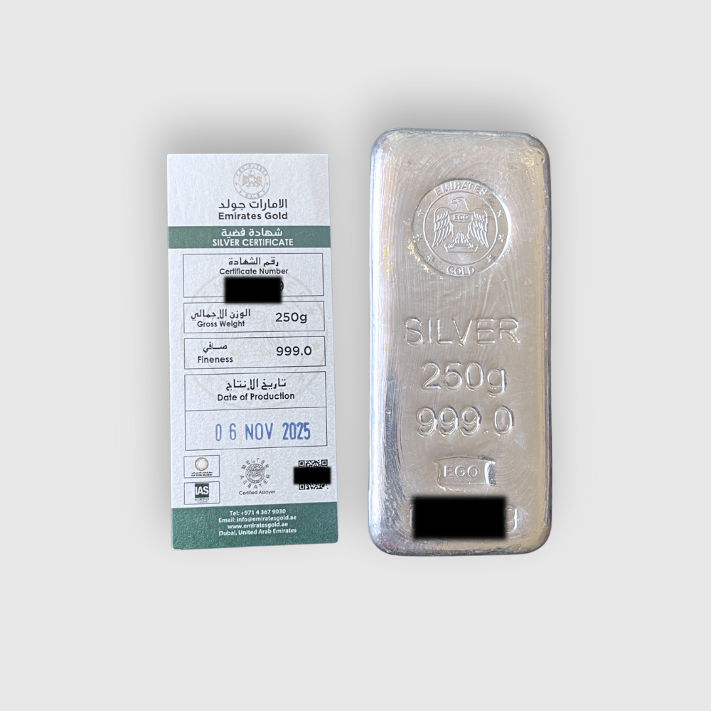 Silver bar and certificate on a white background