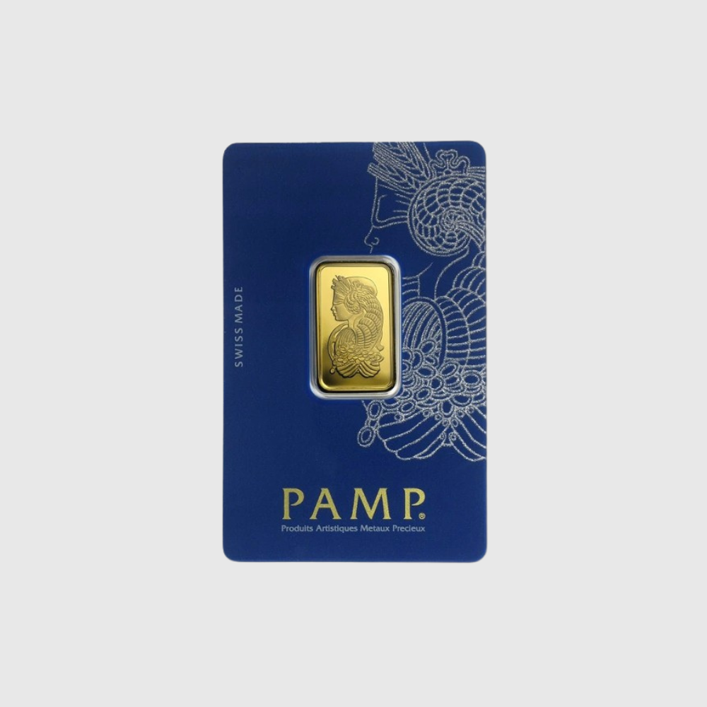 Gold bar in a blue PAMP packaging on a light gray background