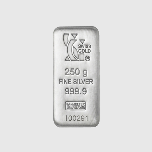 A rectangular silver bullion bar with rounded corners, featuring the Swiss Gold logo and text indicating '250 g FINE SILVER 999.9' on a light gray background.