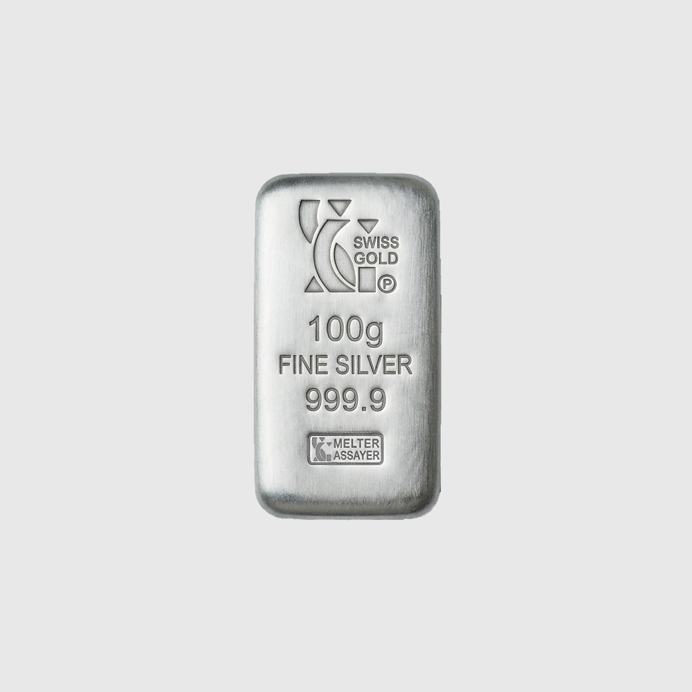 A 100g bar of fine silver from Swiss Gold, featuring a polished metallic finish and engraved details, centered on a light gray background.