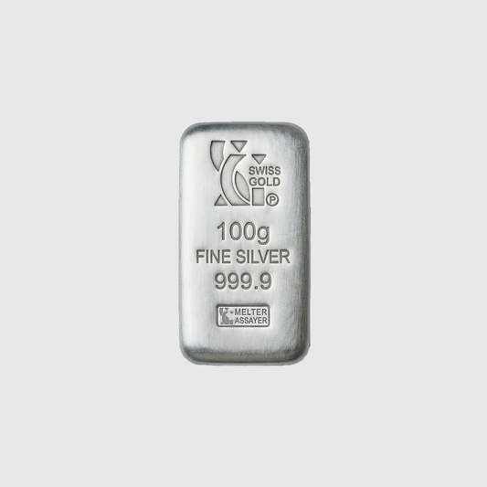 A 100g bar of fine silver from Swiss Gold, featuring a polished metallic finish and engraved details, centered on a light gray background.
