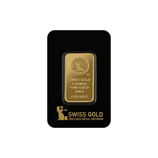 Gold bar with 'Swiss Gold' branding on a black card