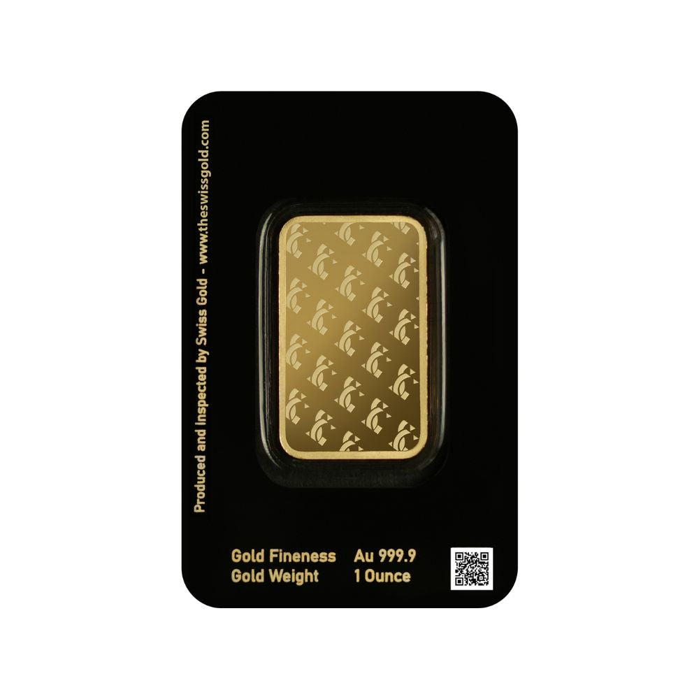 Gold bar with Swiss Gold branding on a black card