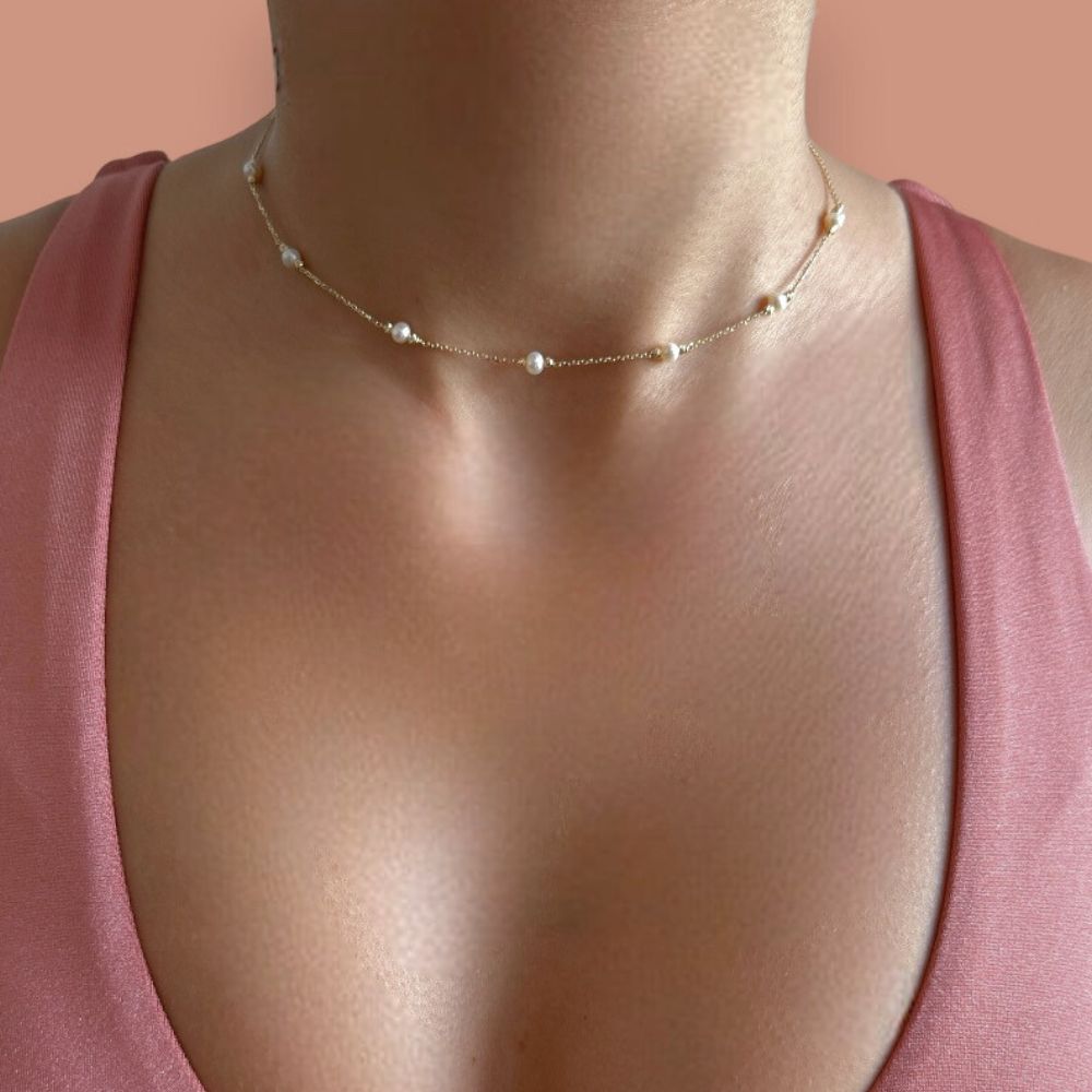 Yellow gold beads – pearl choker