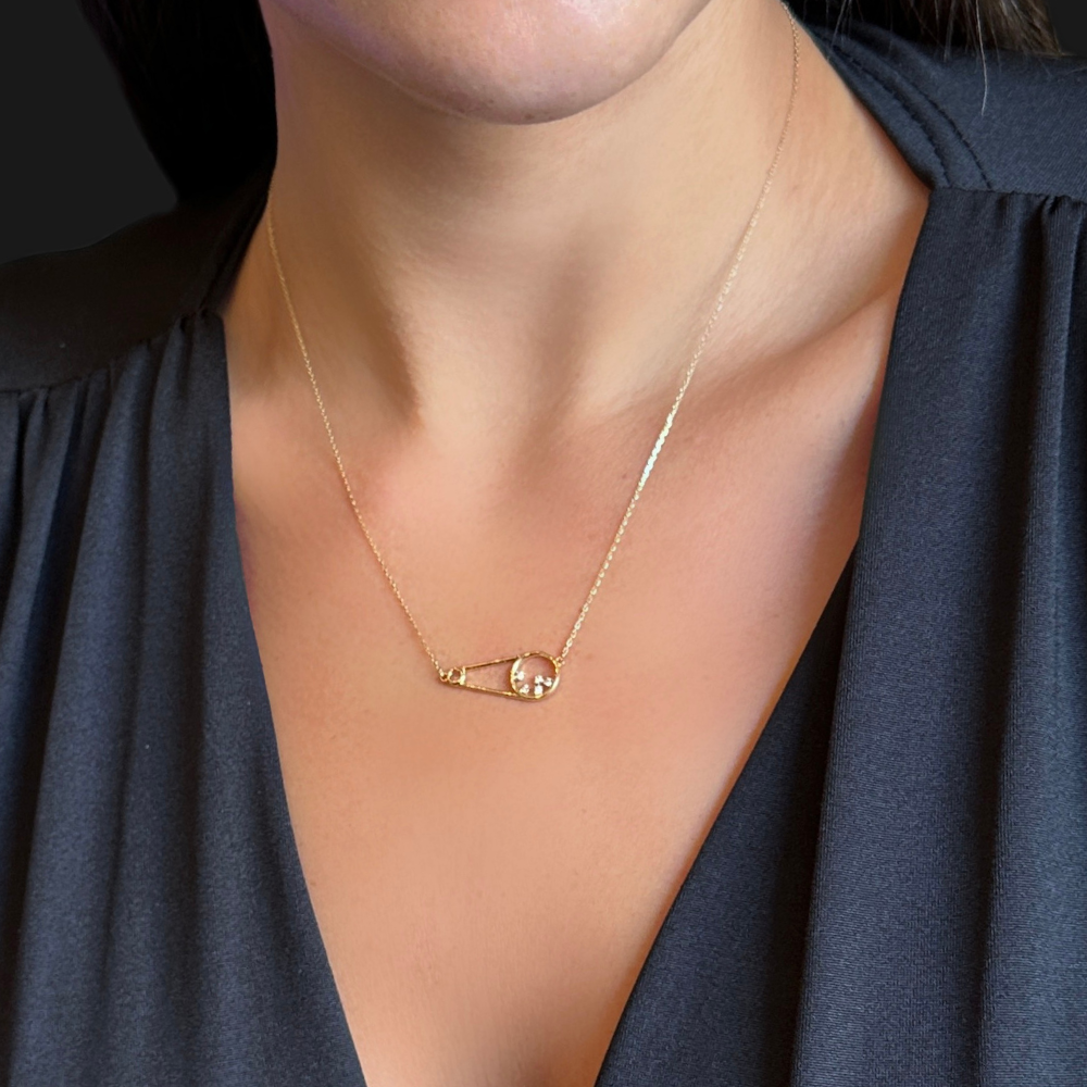 Safety pin necklace with zircon stones