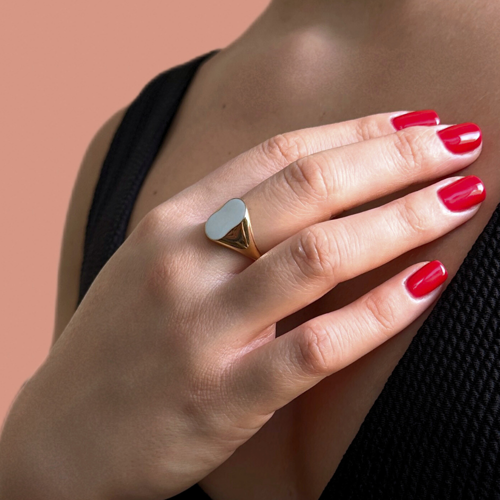 Oval shaped pinky ring - White enamel