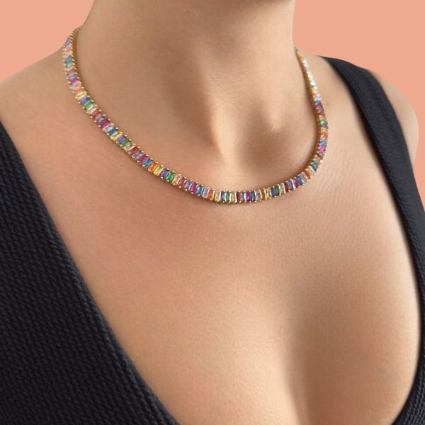yellow gold - baguette necklace with colorful zircon stones
