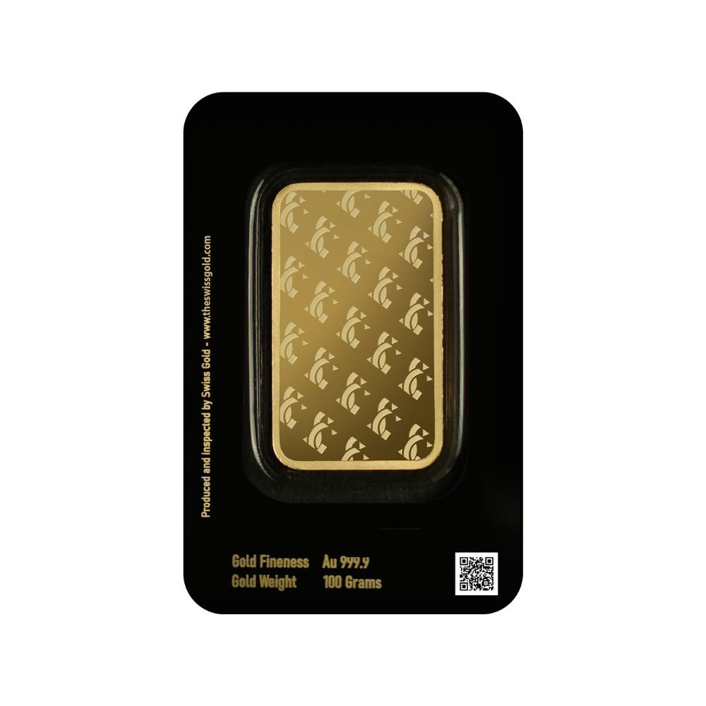 Gold bar in packaging with branding and product details on a white background