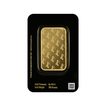 Gold bar in packaging with branding and product details on a white background
