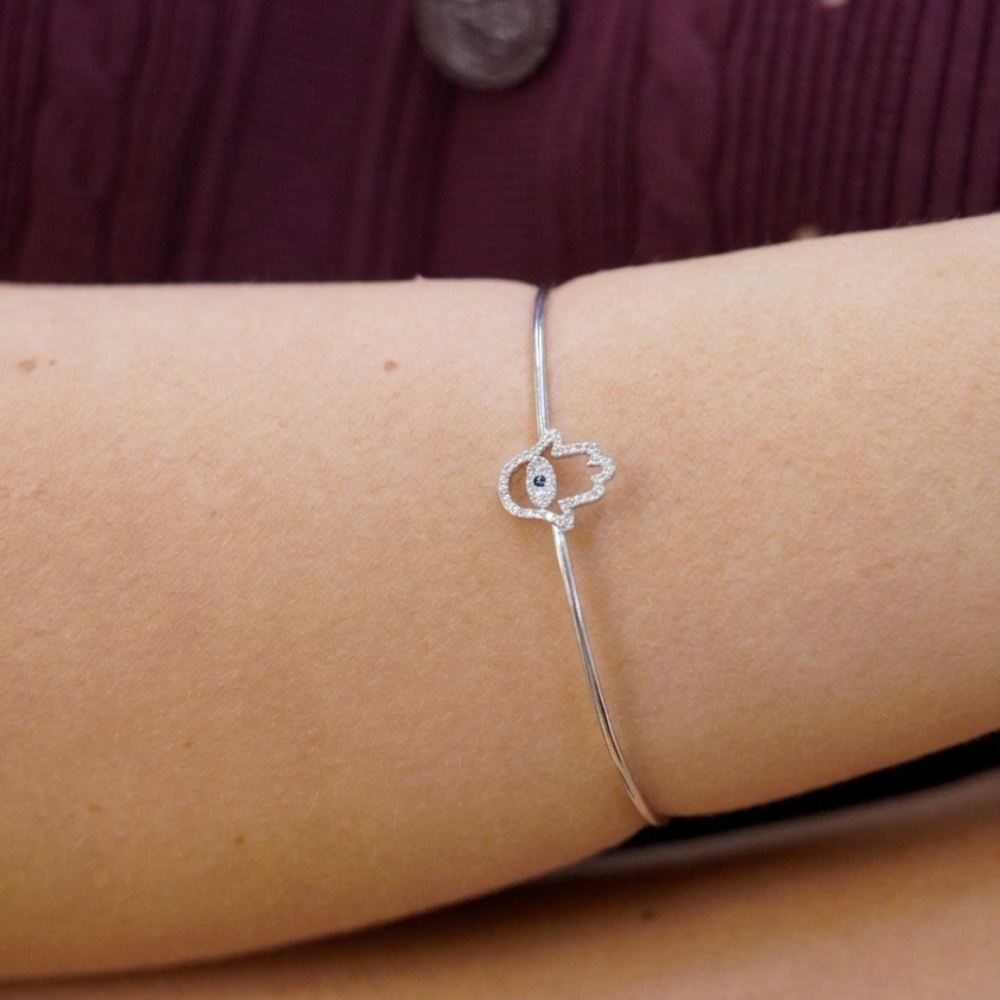 Hamsa Hand Diamond Open Cuff Bangle