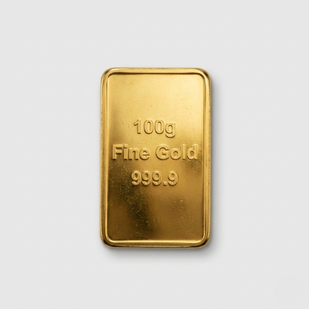 100g Fine Gold 999.9 bar on a light gray background