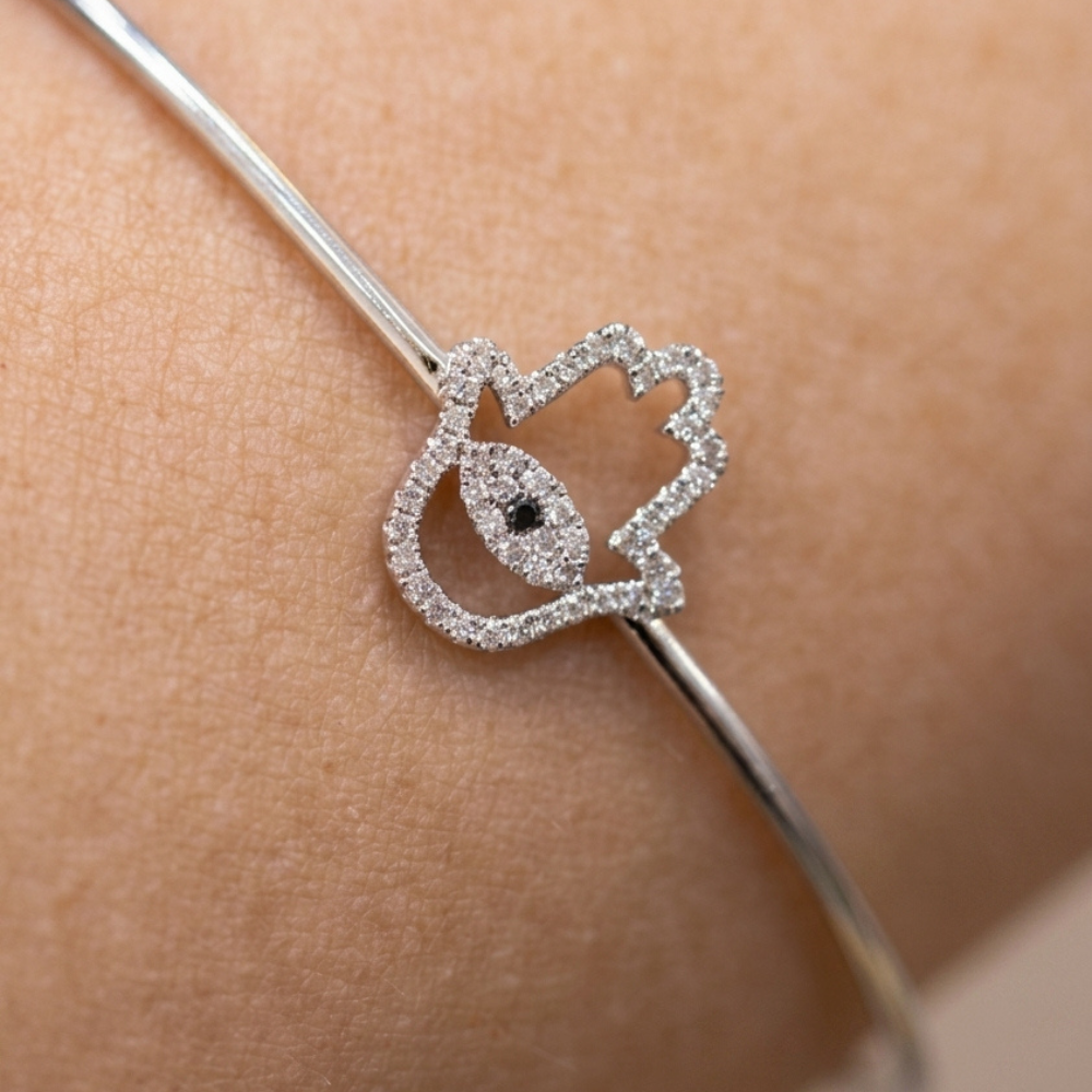 Hamsa Hand Diamond Open Cuff Bangle