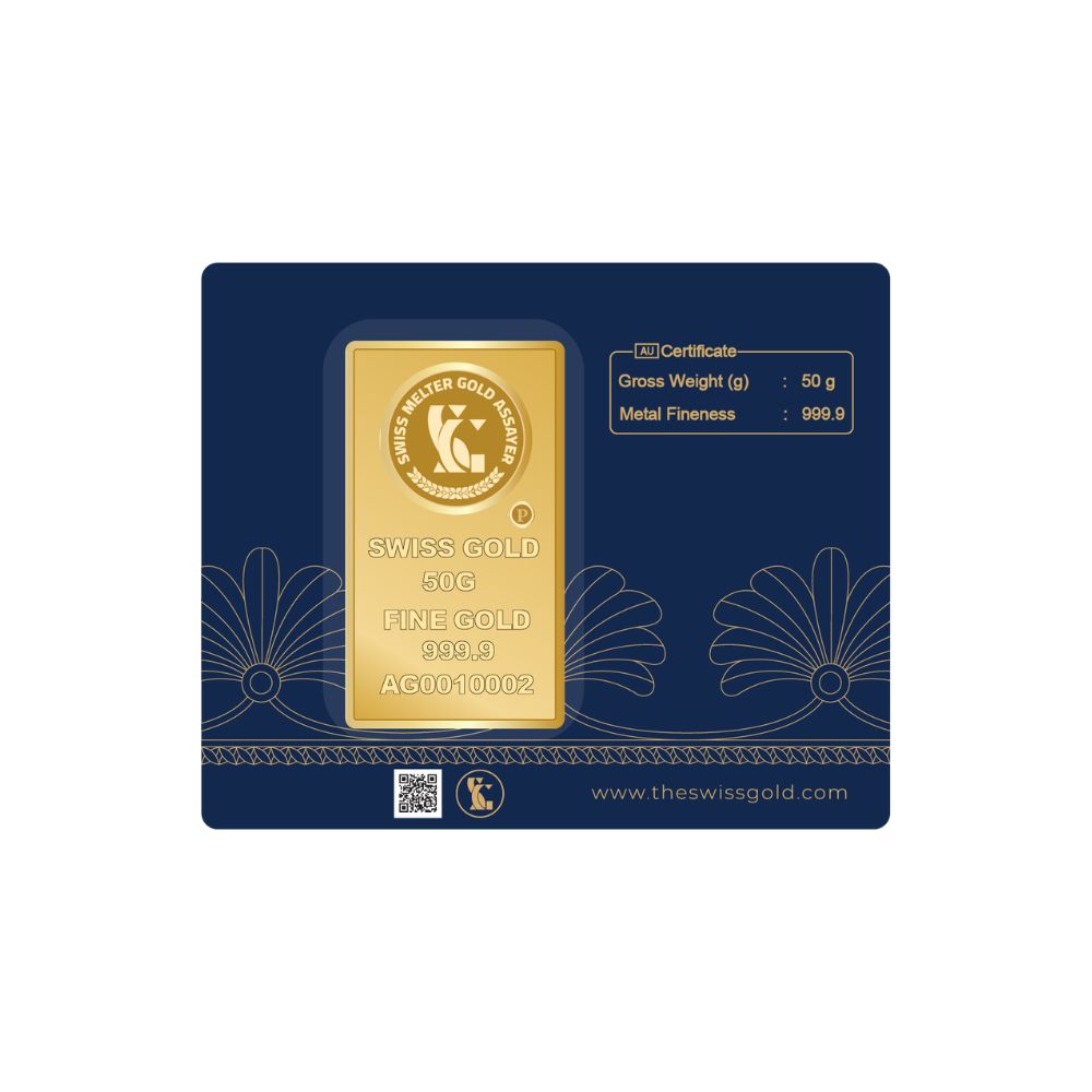 Gold bar with blue packaging featuring Swiss Gold branding on a white background