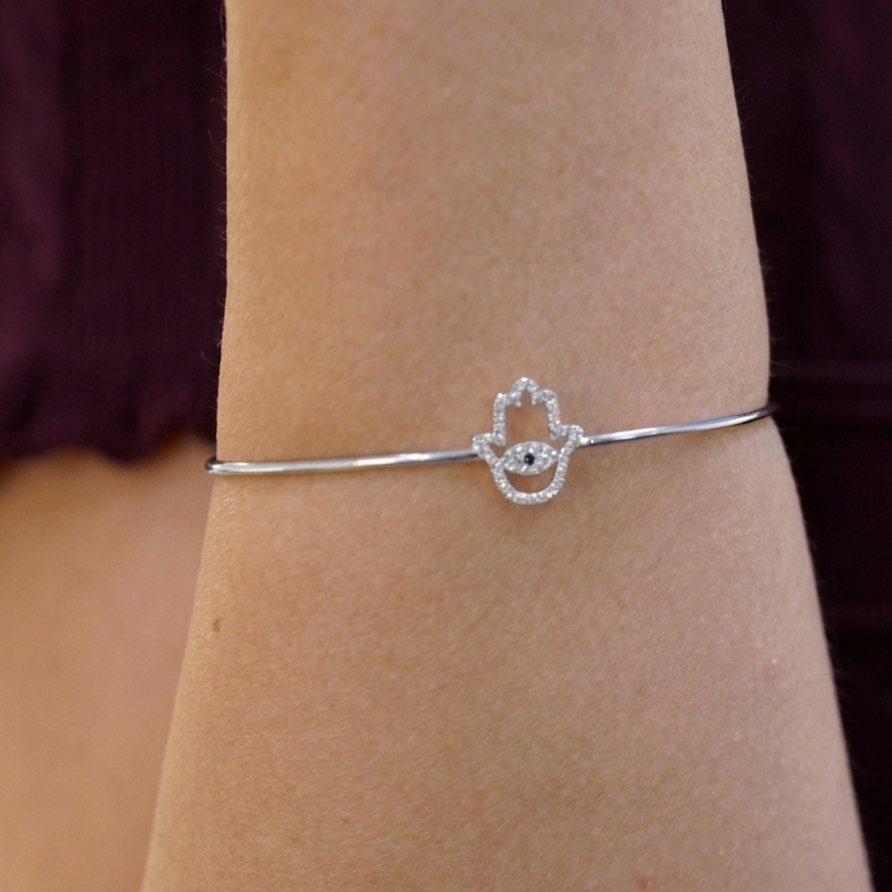 Hamsa Hand Diamond Open Cuff Bangle