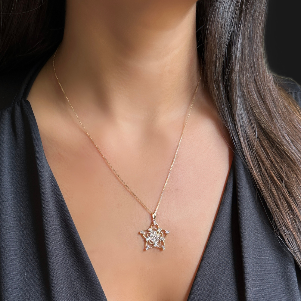 A close-up of a model wearing a delicate gold necklace with a starburst pendant adorned with small clear crystals.