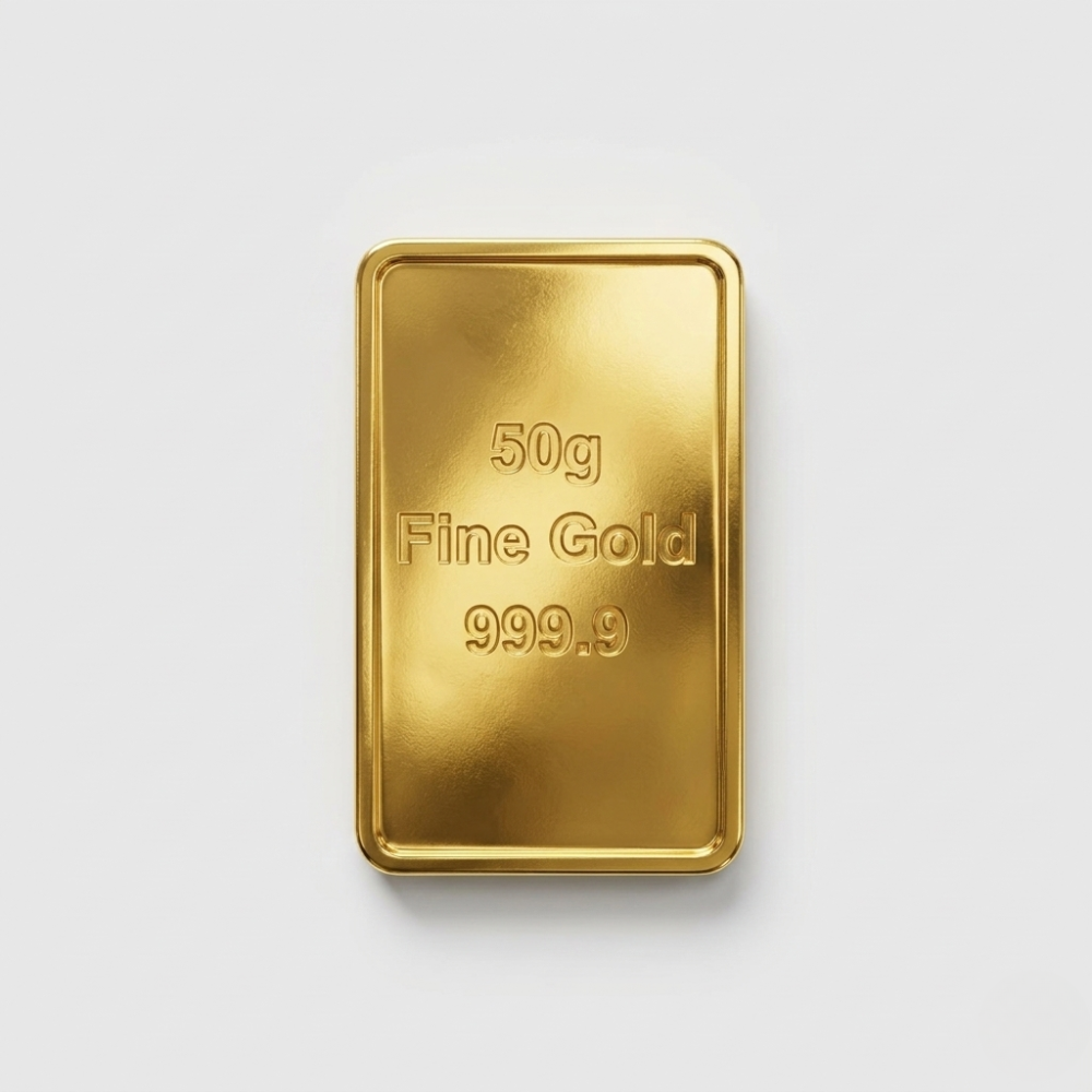 50g Fine Gold 999.9 bar on a light gray background