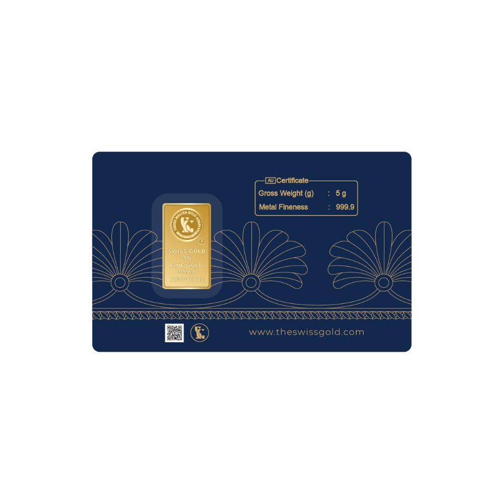 Gold bar in a blue packaging with decorative elements on a white background